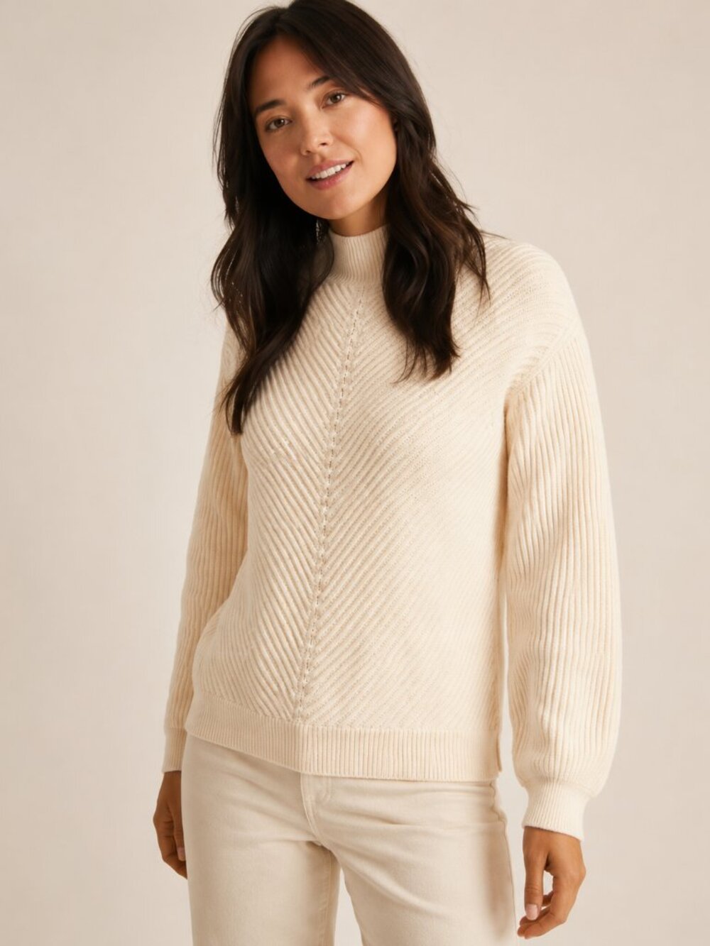 Marine Layer Skylar Mock Neck Knit Wool Blend Pullover Sweater Cream Medium